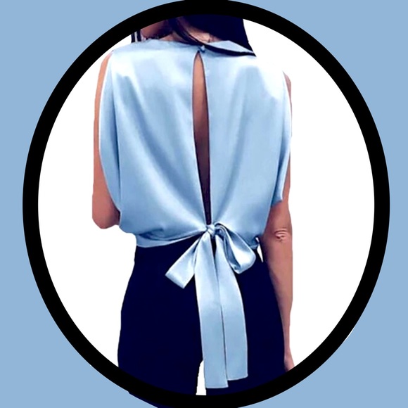 Sleeveless Silk Sateen Open Back Tie Waist Blouse - Picture 5 of 8